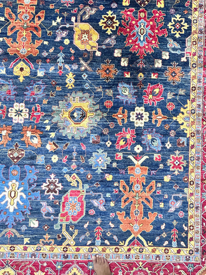Navy Blue & Red Premium Handwoven Pure Wool Bijar Rug, 12ft 0in x 18ft 0in