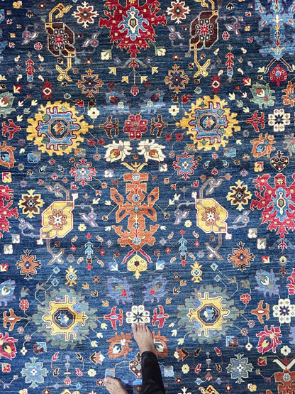 Navy Blue & Red Premium Handwoven Pure Wool Bijar Rug, 12ft 0in x 18ft 0in