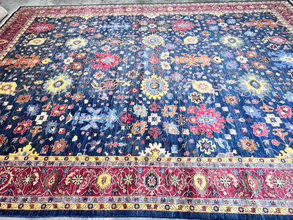 Navy Blue & Red Premium Handwoven Pure Wool Bijar Rug, 12ft 0in x 18ft 0in
