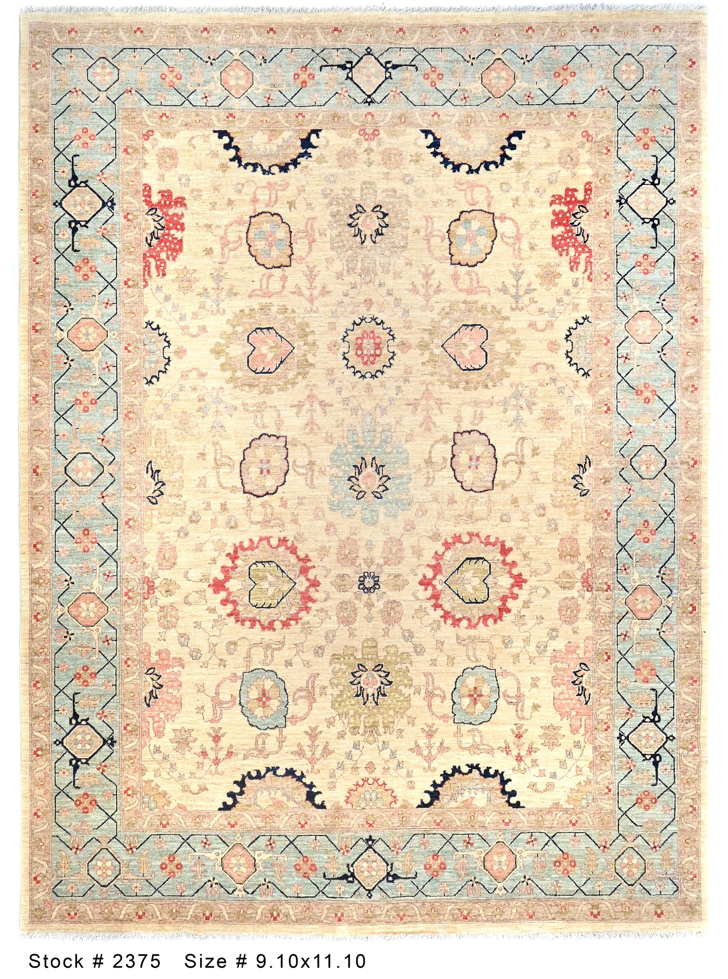 Beige & Sky Blue Premium Handwoven Pure Wool Bijar Rug, 9ft 1in x 11ft 10in