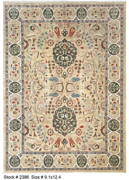 Pistachio & Ivory Premium Handwoven Pure Wool Herati Rug, 9ft 1in x 12ft 4in