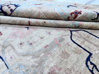 Beige & Sky Blue Premium Handwoven Pure Wool Bijar Rug, 8ft 8in x 11ft 6in