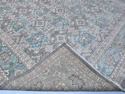 Grey  & Teal Premium Handwoven Pure Wool Chobrang Rug, 9ft 1in x 12ft 3in