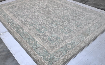 Grey  & Teal Premium Handwoven Pure Wool Chobrang Rug, 9ft 1in x 12ft 3in