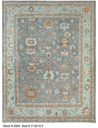 Sage & Teal Premium Handwoven Pure Wool Oushak Rug, 11ft 9in x 15ft 3in