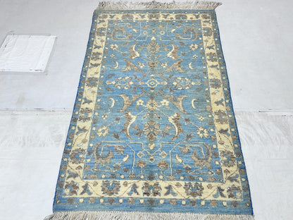 Blue & Ivory Premium Handwoven Pure Wool Chobrang Rug, 3ft 1in x 5ft 0in