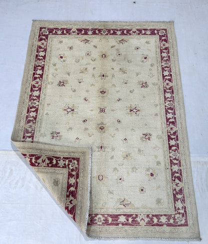 Ivory & Red Premium Handwoven Pure Wool Chobrang Rug, 3ft 6in x 4ft 10in