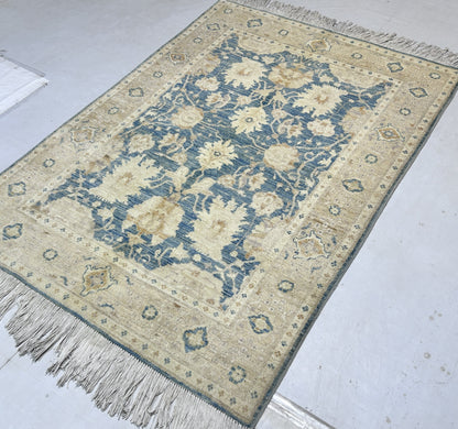 Blue  & Beige Premium Handwoven Pure Wool Aryana Rug, 4ft 0in x 5ft 9in