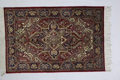 Red & Navy Blue Premium Handwoven Pure Wool Persian Rug, 4ft 0in x 6ft 2in