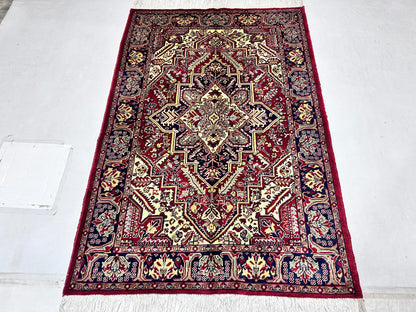 Red & Navy Blue Premium Handwoven Pure Wool Persian Rug, 4ft 0in x 6ft 2in