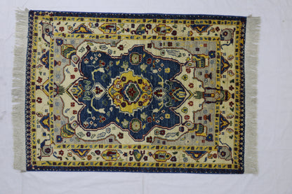 Blue & Ivory Premium Handwoven Pure Wool Chobrang Rug, 3ft 3in x 4ft 8in
