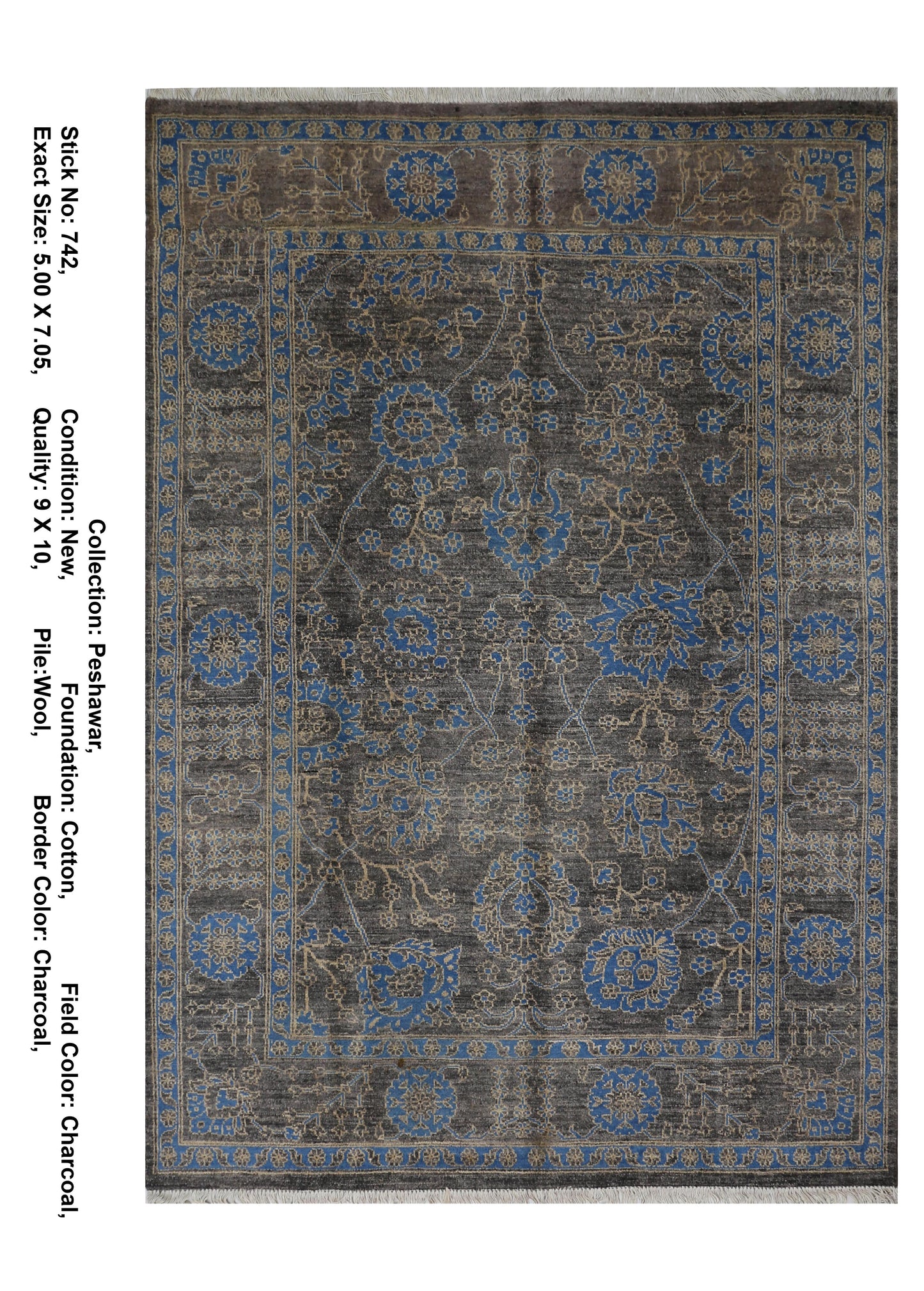 Charcoal & Blue Premium Handwoven Pure Wool Chobrang Rug, 5ft 0in x 7ft 5in