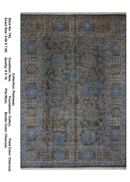 Charcoal & Blue Premium Handwoven Pure Wool Chobrang Rug, 5ft 0in x 7ft 5in