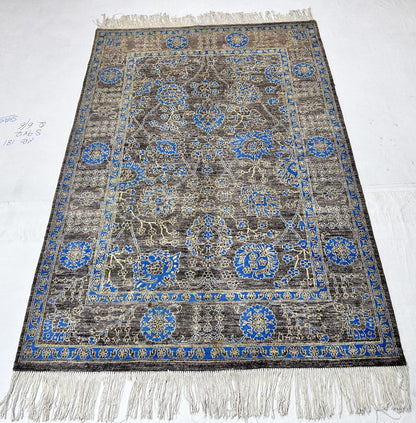 Charcoal & Blue Premium Handwoven Pure Wool Chobrang Rug, 5ft 0in x 7ft 5in