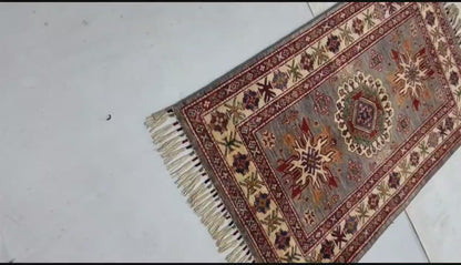 Grey & Ivory Premium Handwoven Pure Wool Super Kazak Rug, 2ft 10in x 4ft 8in