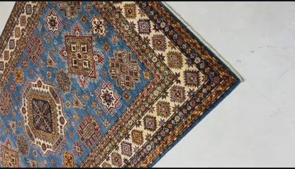Blue & Ivory Premium Handwoven Pure Wool Super Kazak Rug, 5ft 7in x 8ft 4in