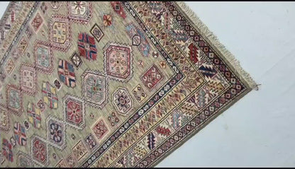 Beige & Ivory Premium Handwoven Pure Wool Super Kazak Rug, 5ft 7in x 8ft 1in