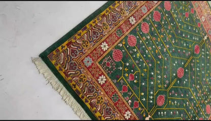 Emerald Green & Red Premium Handwoven Pure Wool Kotan Rug, 6ft 6in x 6ft 6in