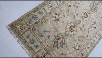 Beige  & Sky Blue Premium Handwoven Pure Wool Chobrang Rug, 4ft 0in x 6ft 1in