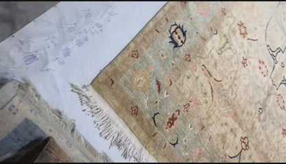 Beige & Sky Blue Premium Handwoven Pure Wool Bijar Rug, 8ft 8in x 11ft 6in