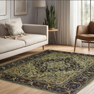 ivory & navy blue premium handwoven pure wool chobrang rug, 4ft 6in x 6ft 8in