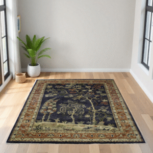 navy blue & rust premium handwoven pure wool chobrang rug, 4ft 7in x 6ft 8in