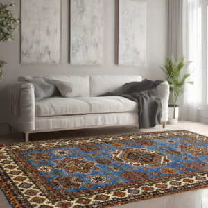 blue & ivory premium handwoven pure wool super kazak rug, 5ft 7in x 8ft 4in