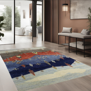 sky blue & red premium handwoven pure wool chobrang rug, 5ft 3in x 8ft 3in