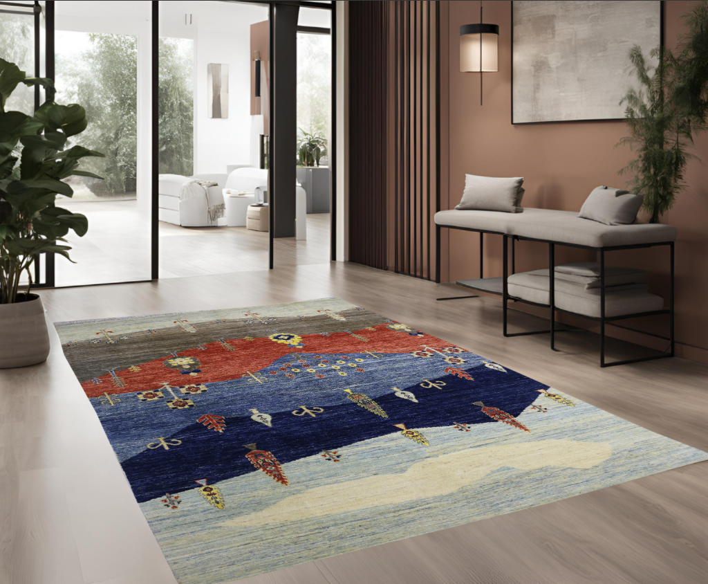 sky blue & red premium handwoven pure wool chobrang rug, 5ft 3in x 8ft 3in