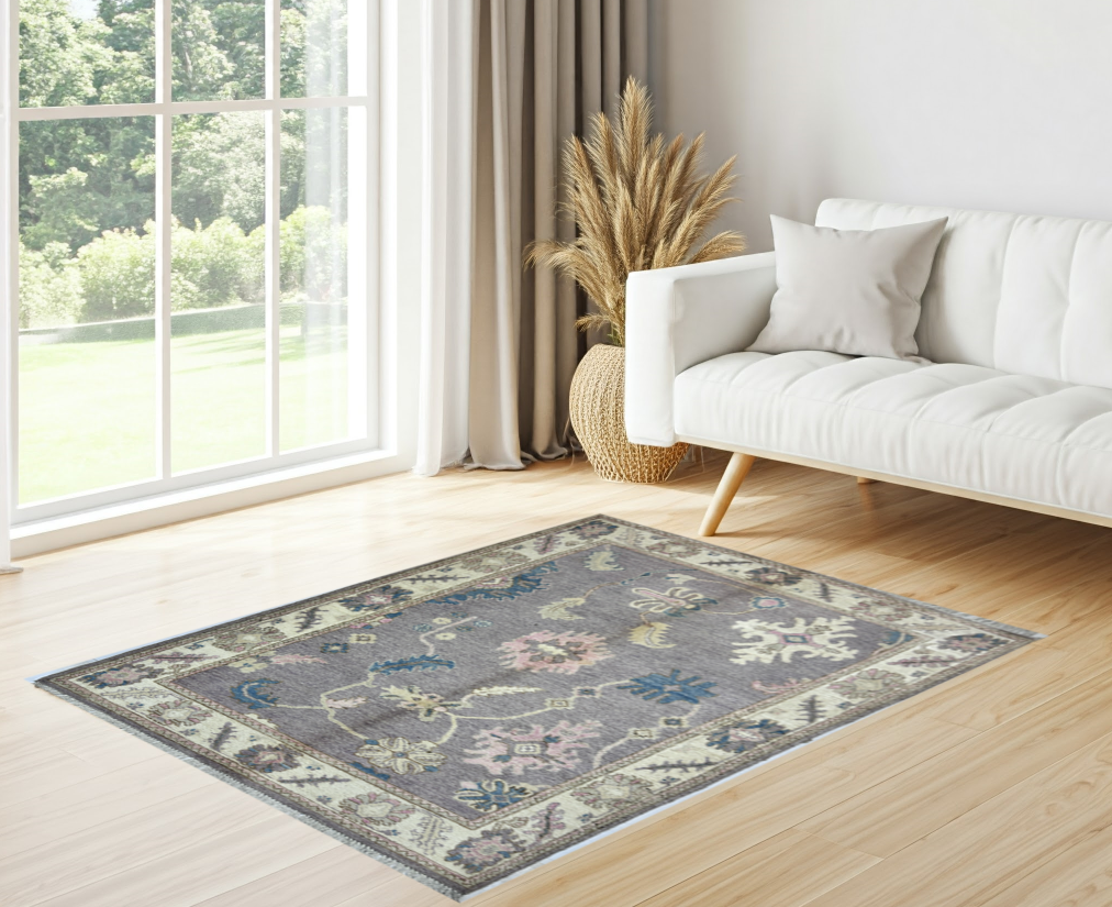 lilac & ivory premium handwoven pure wool oushak rug, 3ft 11in x 5ft 10in