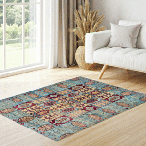 sky blue & red premium handwoven pure wool chobrang rug, 3ft 2in x 4ft 8in