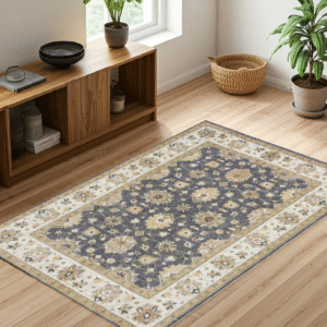 charcoal & ivory premium handwoven pure wool chobrang rug, 5ft 6in x 7ft 7in