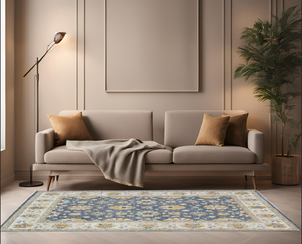 blue & ivory premium handwoven pure wool chobrang rug, 4ft 11in x 6ft 6in