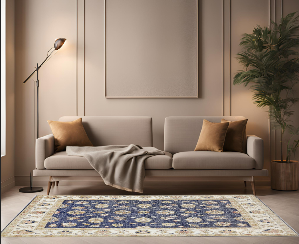 blue & ivory premium handwoven pure wool chobrang rug, 4ft 10in x 6ft 7in