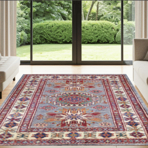 grey & ivory premium handwoven pure wool super kazak rug, 2ft 10in x 4ft 8in