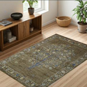 brown & sky blue premium handwoven pure wool gaba rug, 4ft 10in x 6ft 3in