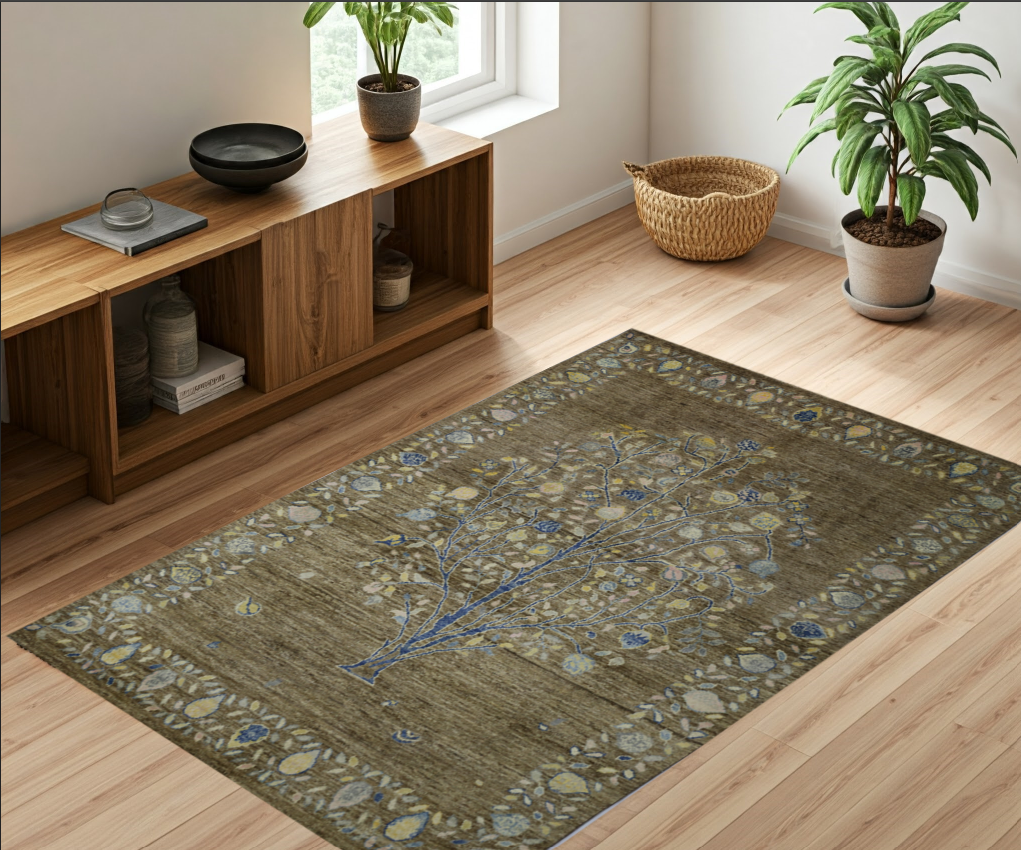 brown & sky blue premium handwoven pure wool gaba rug, 4ft 10in x 6ft 3in