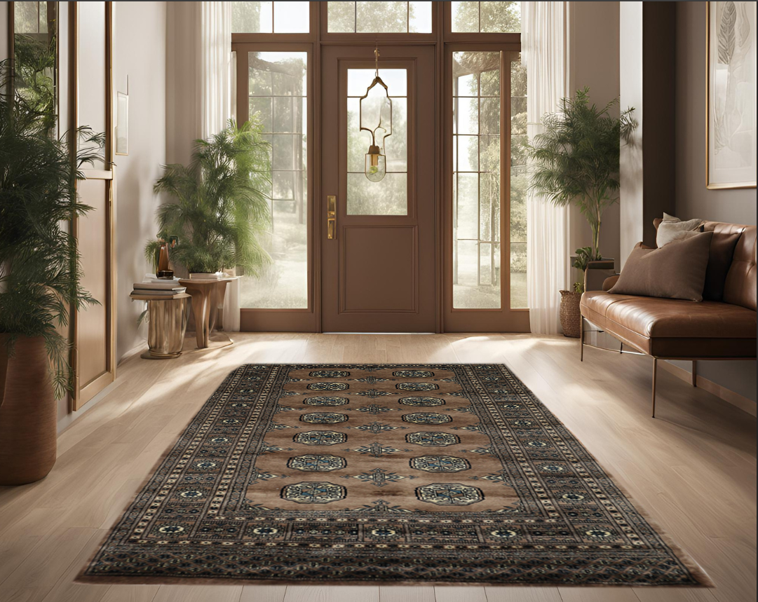 camel & ivory premium handwoven pure wool bokhara rug, 4ft 1in x 5ft 10in
