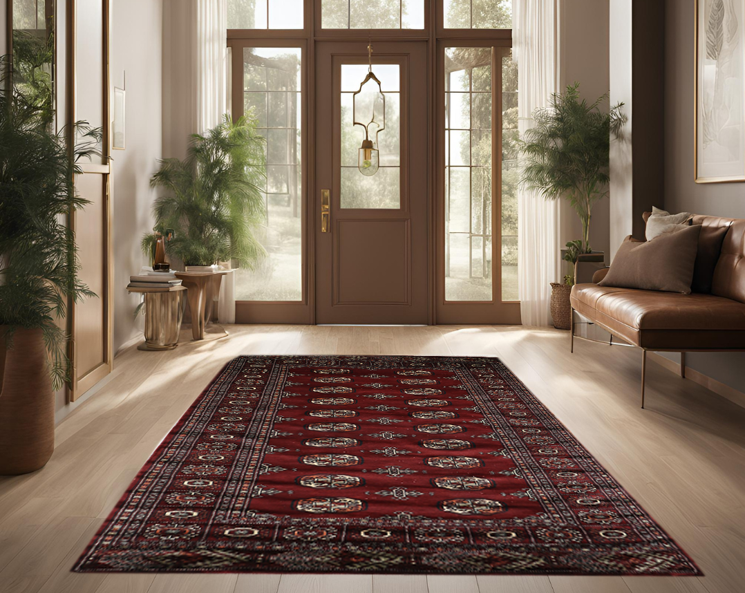 red & ivory premium handwoven pure wool bokhara rug, 4ft 1in x 6ft 3in