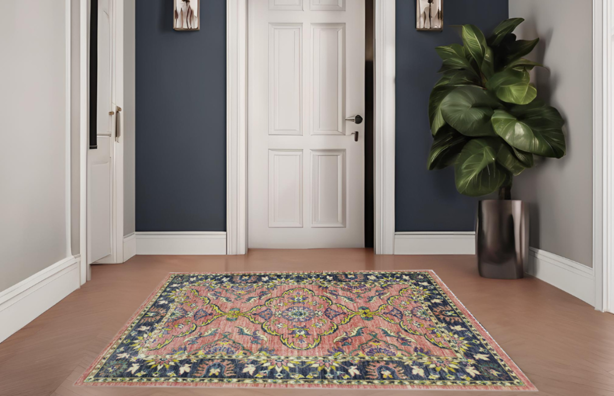 pink & charcoal premium handwoven pure wool persian rug, 4ft 0in x 6ft 3in