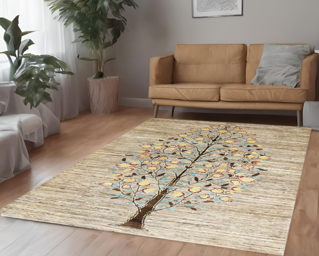 brown & gold premium handwoven pure wool gaba rug, 4ft 0in x 5ft 11in