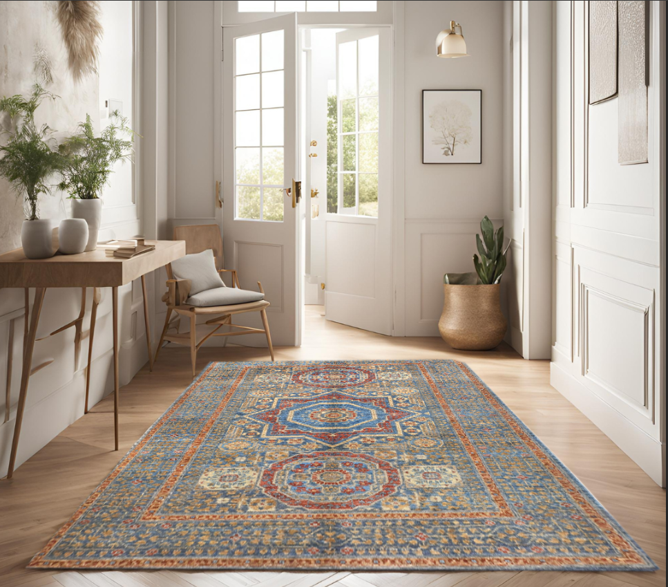 navy blue & red premium handwoven pure wool mamlouk rug, 4ft 0in x 5ft 11in