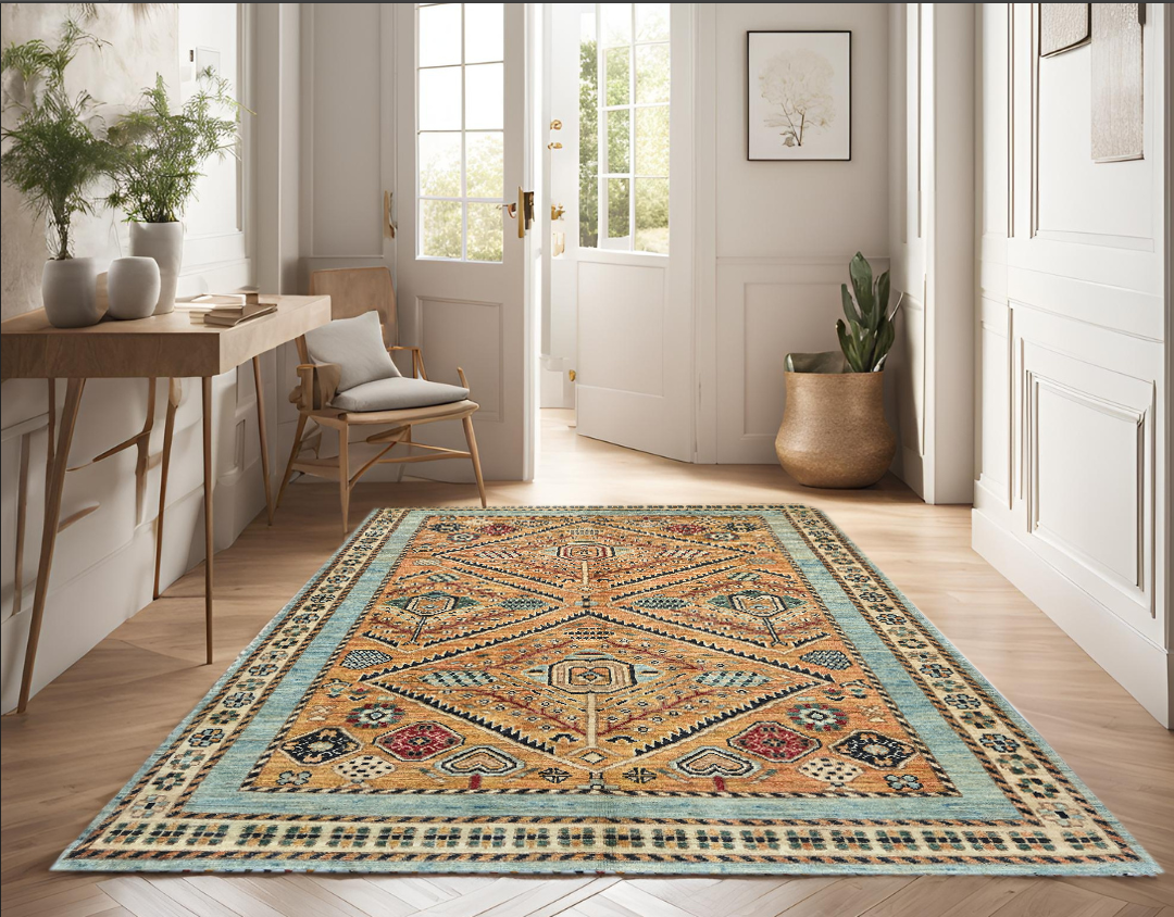 sky blue & orange premium handwoven pure wool chobrang rug, 4ft 0in x 5ft 9in