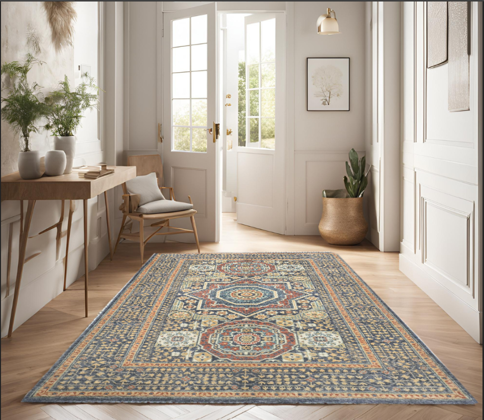 navy blue & gold premium handwoven pure wool mamlouk rug, 4ft 0in x 6ft 0in