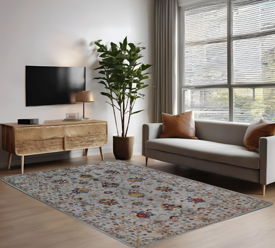 grey & navy blue premium handwoven pure wool sultani rug, 5ft 7in x 8ft 1in