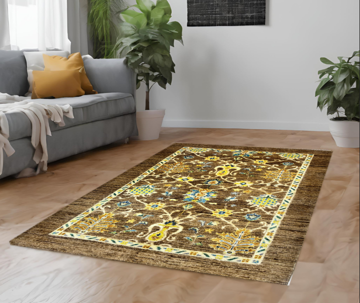 brown & ivory premium handwoven pure wool chobrang rug, 4ft 1in x 6ft 0in