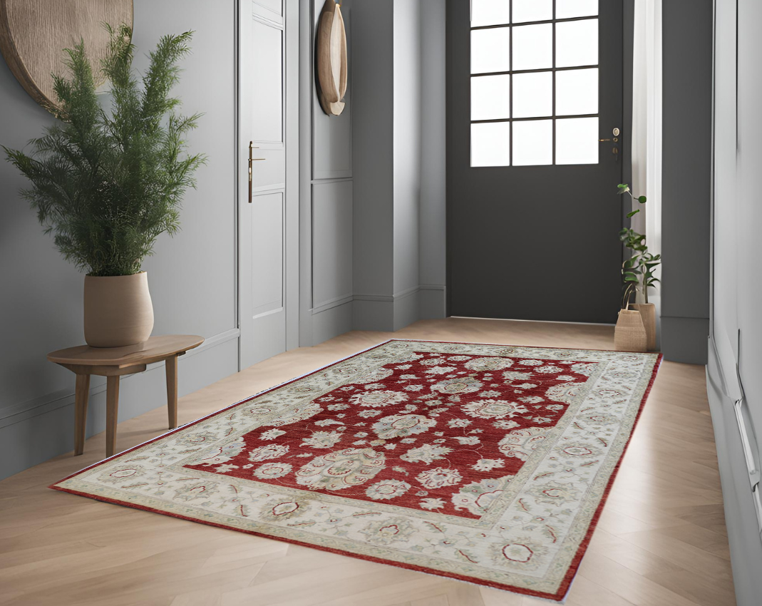 red & ivory premium handwoven pure wool chobrang rug, 5ft 6in x 8ft 0in
