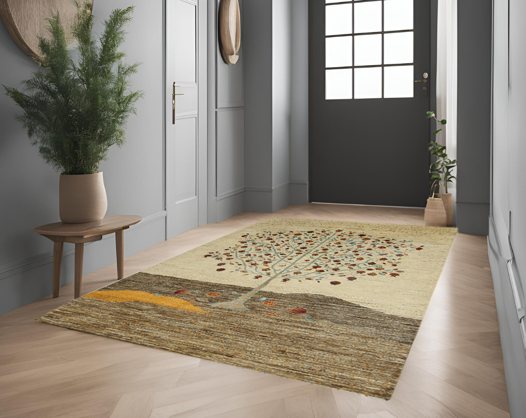 ivory & beige premium handwoven pure wool gaba rug, 5ft 1in x 8ft 1in