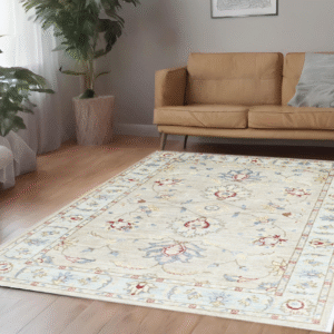 beige & sky blue premium handwoven pure wool chobrang rug, 4ft 0in x 6ft 1in