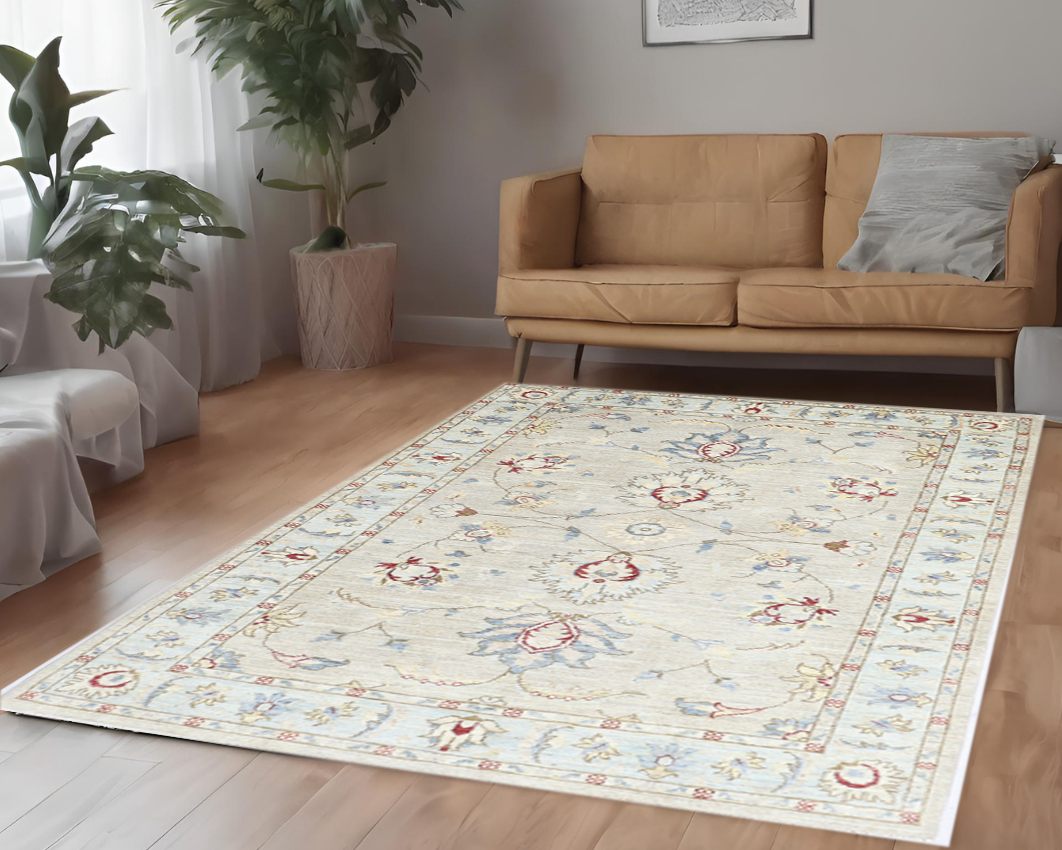 beige & sky blue premium handwoven pure wool chobrang rug, 4ft 0in x 6ft 1in